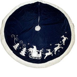 Christmas Midnight Blue White Trim Silhouette Santa Sleigh Reindeer Tree Skirt
